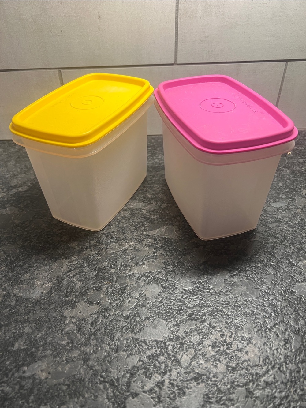 Tupperware Plastic Food Containers with Yellow and Pink Lids
